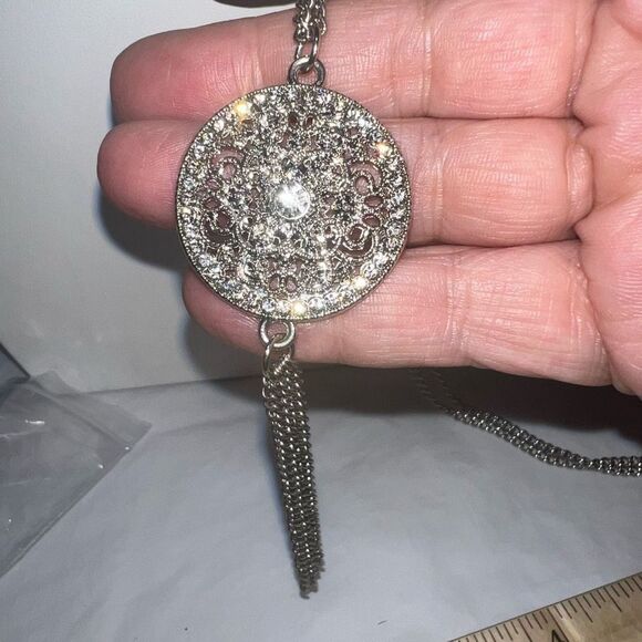 Silver Tone with Filigree and Crystal Tassel Necklace - Picture 8 of 9